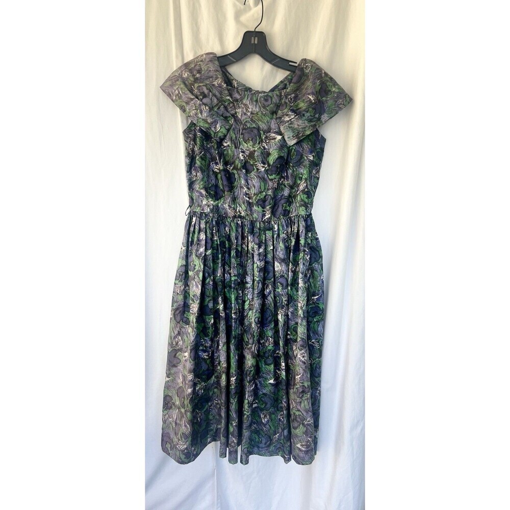 Vintage 80s Alice Of California Junior Midi Dress Peacock Feather Abstract Art